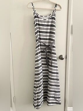 Garnet Hill Organic Cotton Black and White Jacquard Striped Tie-Waist Maxi Dress